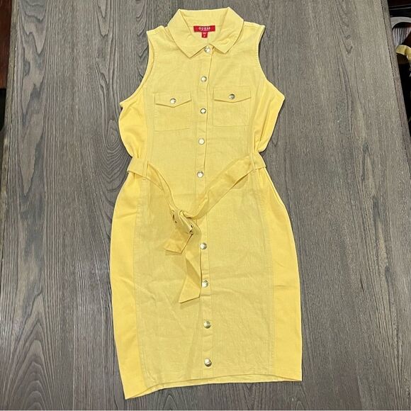 NWOT Guess Los Angeles Linen Blend Yellow Collared Utility Tie Waist Dress Sz M - Picture 1 of 9